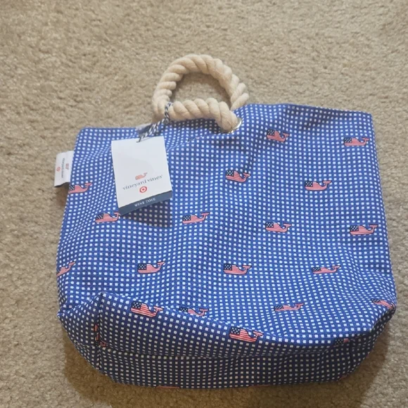 Vineyard Vines Navy and Coral Whale Tote - Picture 1 of 3